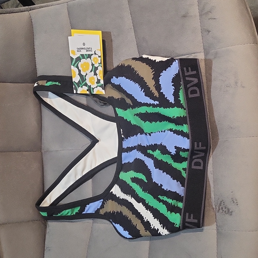 DIANE VON FURSTENBERG SPORTS BRA. GREEN/BLACK/BLUE. NWT/ XS